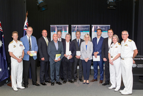 Chief of Navy, Vice Admiral Michael Noonan, AO, RAN, with Guardian Geomatics Commercial Manager Steve Duffield and additional key company representatives of the Hydroscheme Industry Partnership Program (HIPP) after the HIPP Deed Signing Ceremony, Russell Offices, Canberra